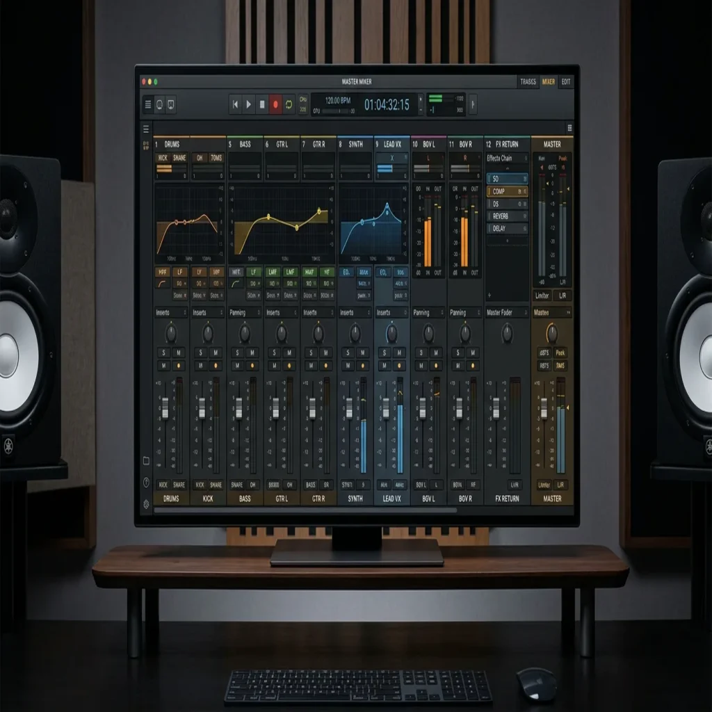 A digital audio workstation mixer interface with channel strips and effect chains