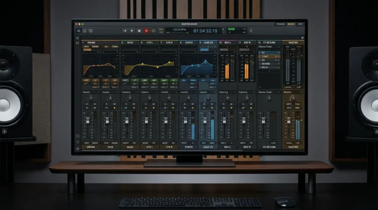 A digital audio workstation mixer interface with channel strips and effect chains