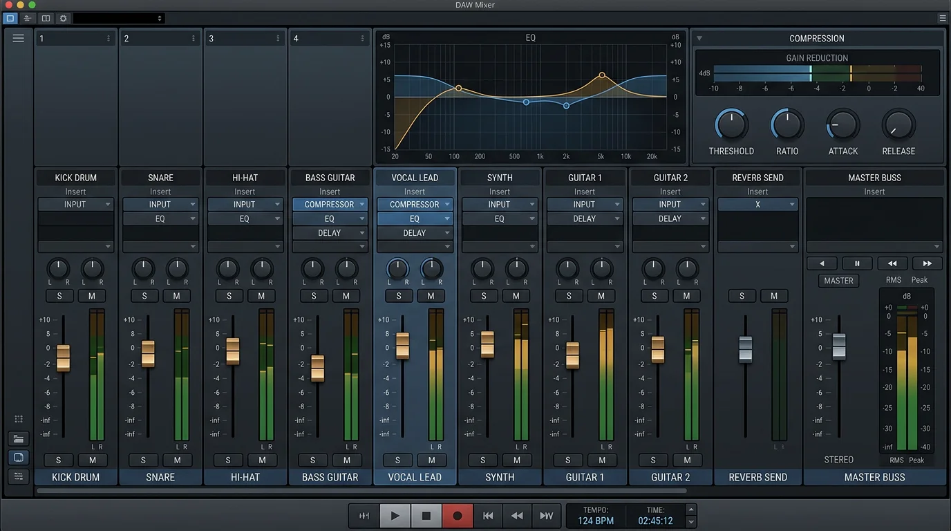 A digital audio workstation mixer with multiple channel strips and effect chains