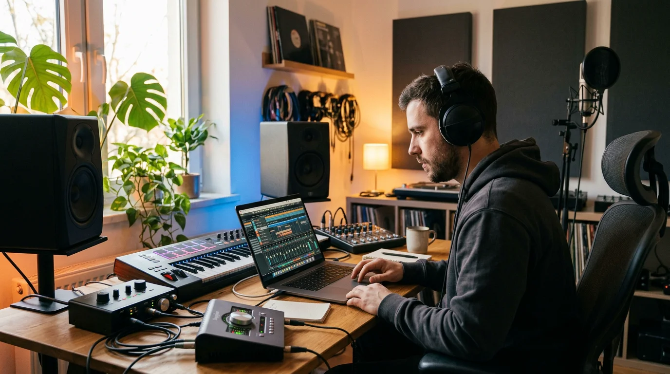 A producer mixing a beat at a home studio desk with headphones