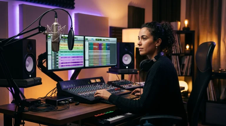 Music producer working on vocals at a modern home studio setup