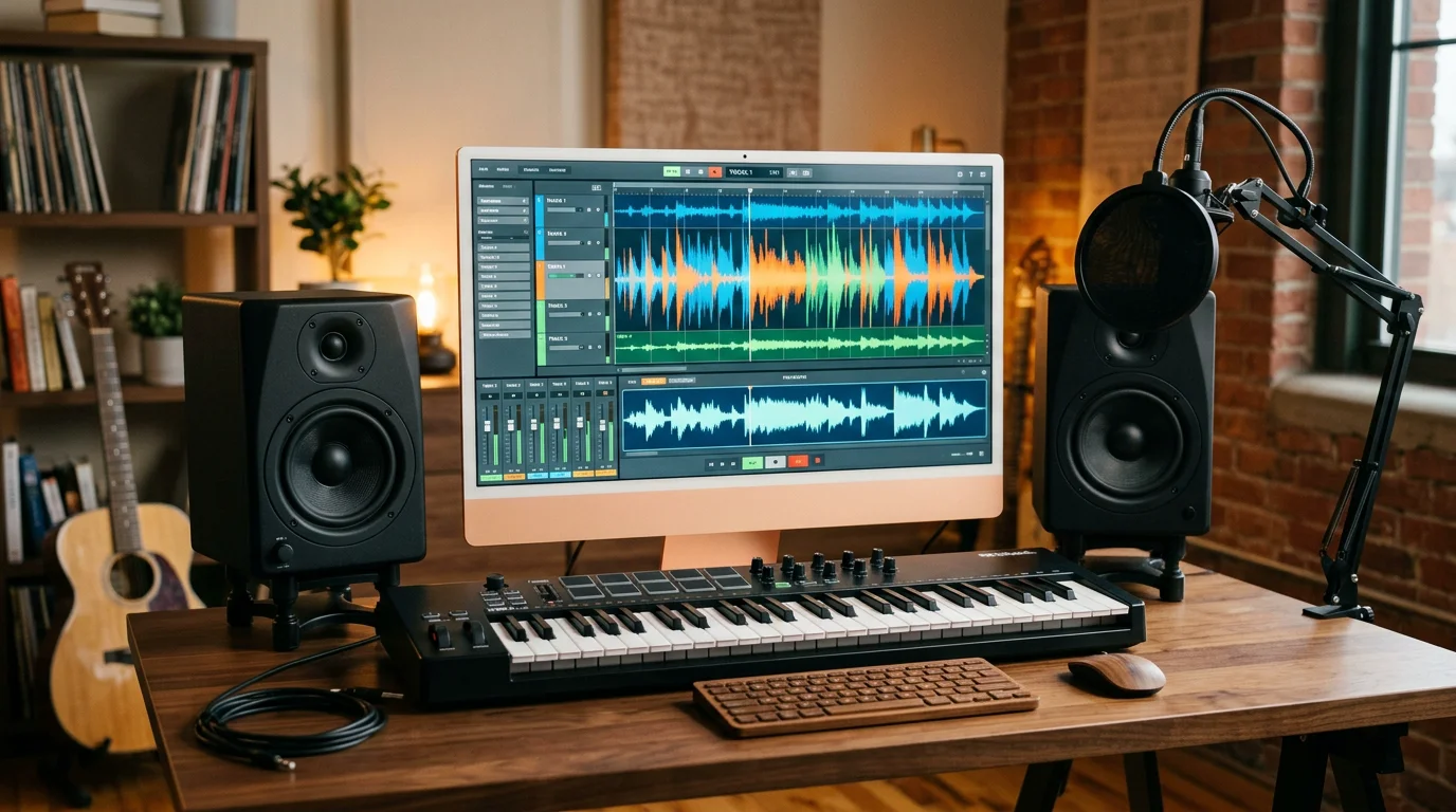 Home studio desk with mixing interface, microphone and MIDI keyboard