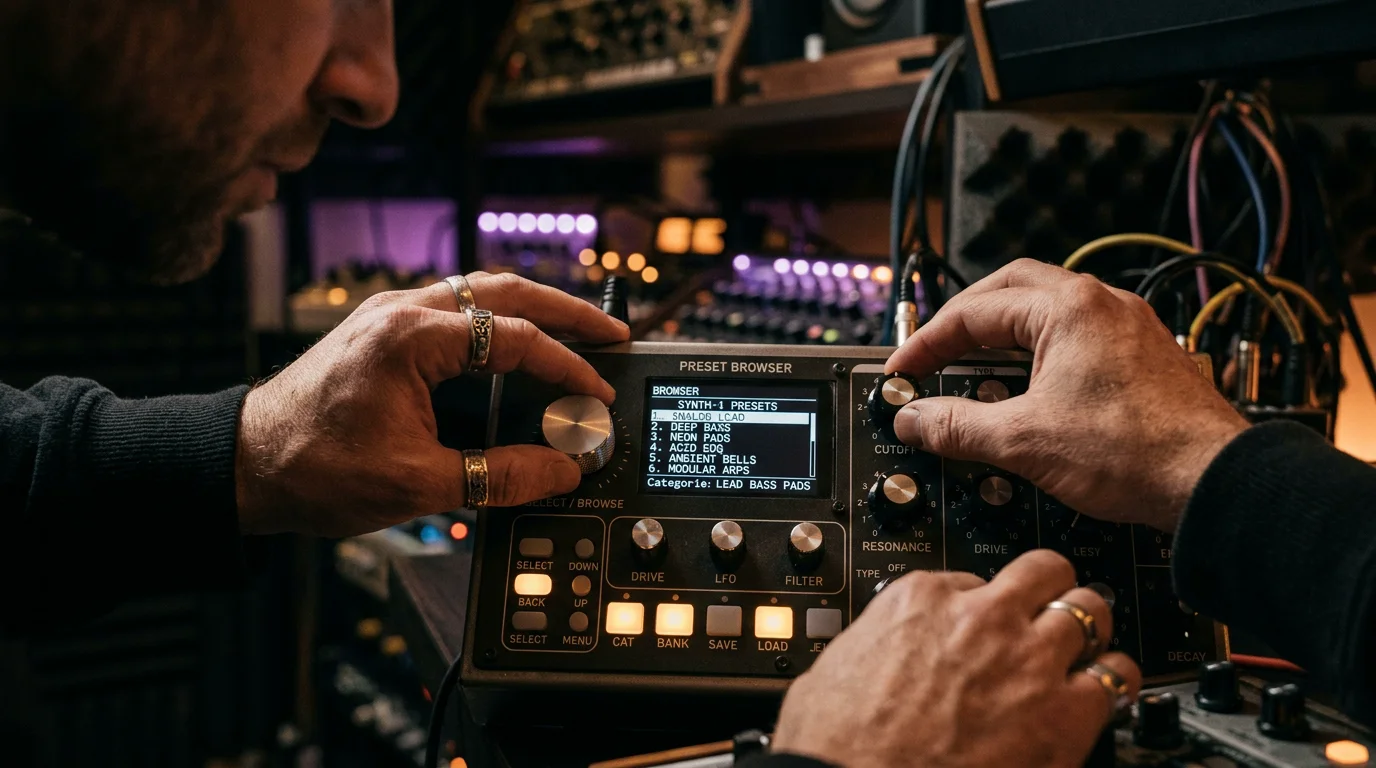 Producer adjusting knobs during a sound design session
