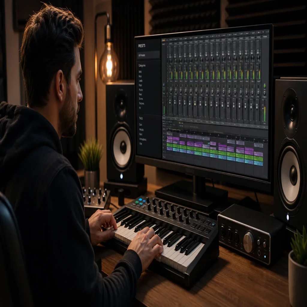 Music producer loading presets in a digital audio workstation at a home studio desk