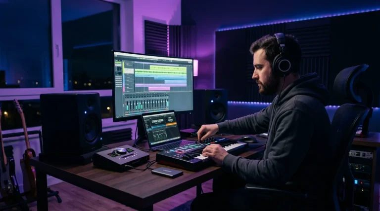 Producer working at a home studio with laptop and MIDI keyboard under purple lighting
