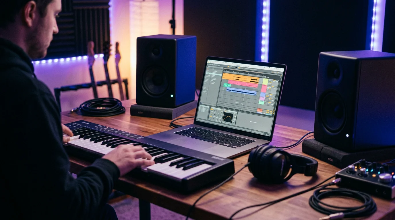 Home studio desk with laptop, MIDI keyboard and headphones under purple lighting