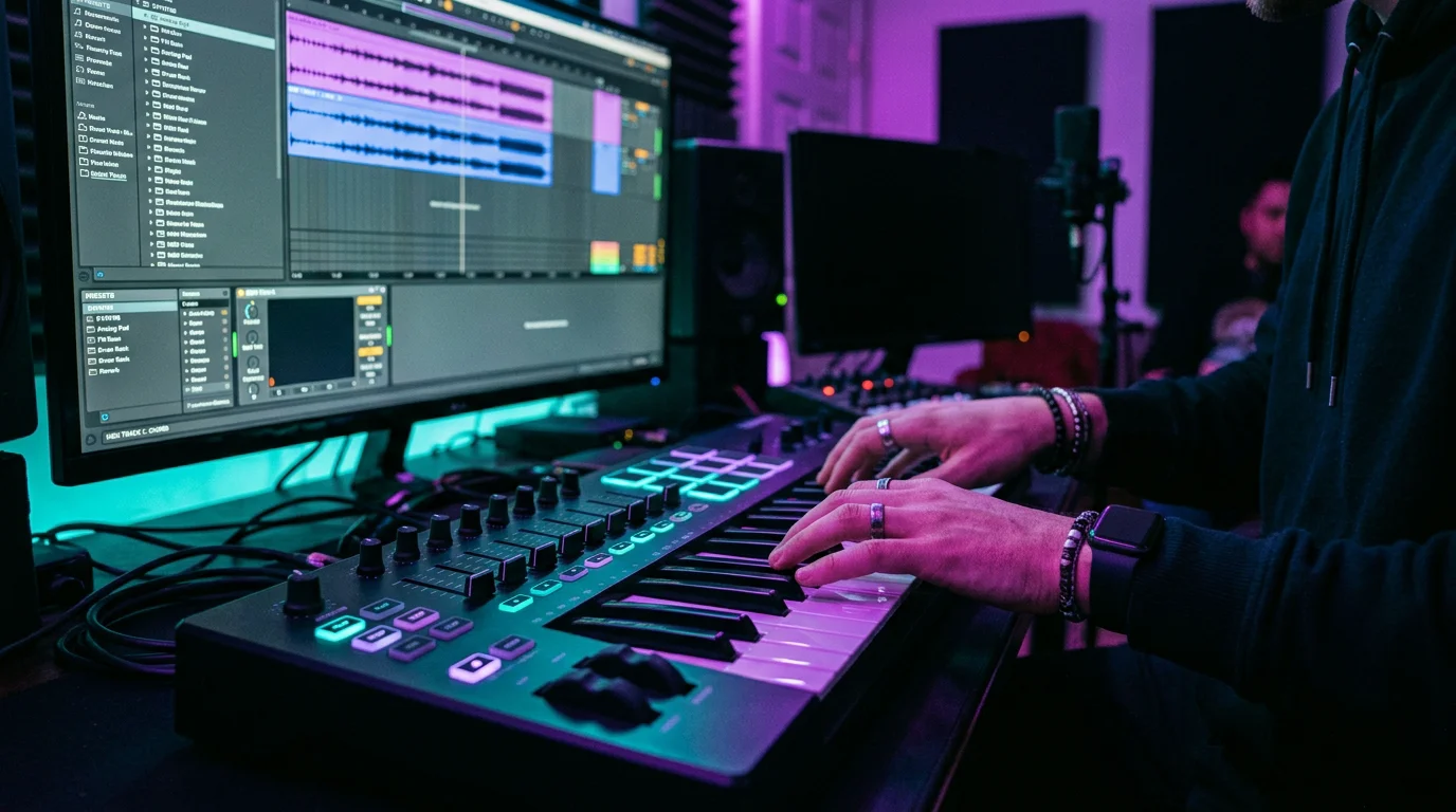 Hands playing a MIDI controller with a preset browser on screen