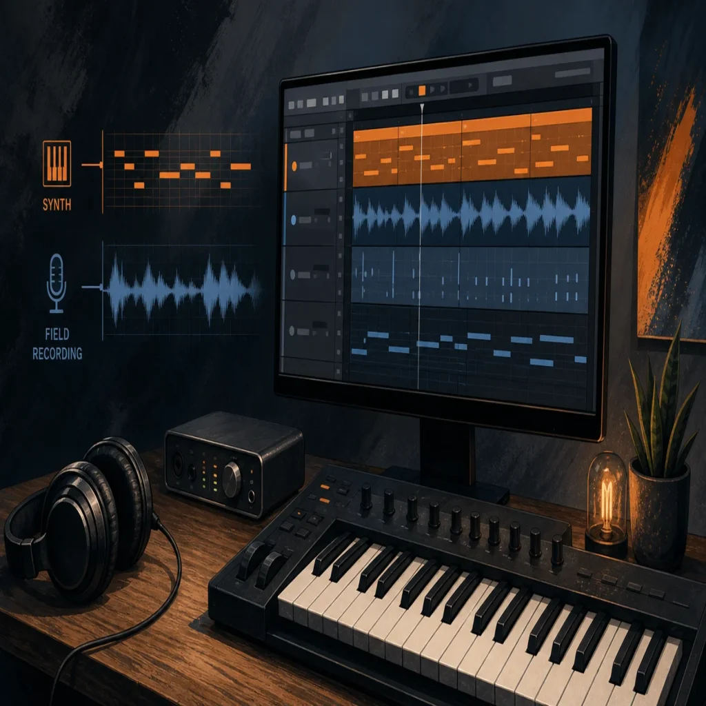 Editorial illustration of a producer comparing playable synth sounds with field recordings in a modern studio.