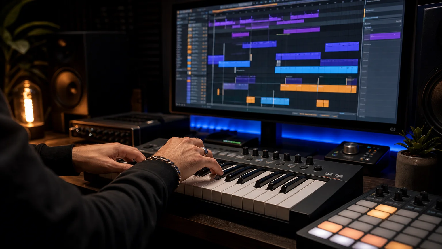 Producer playing a MIDI keyboard while arranging a melodic beat in a DAW.