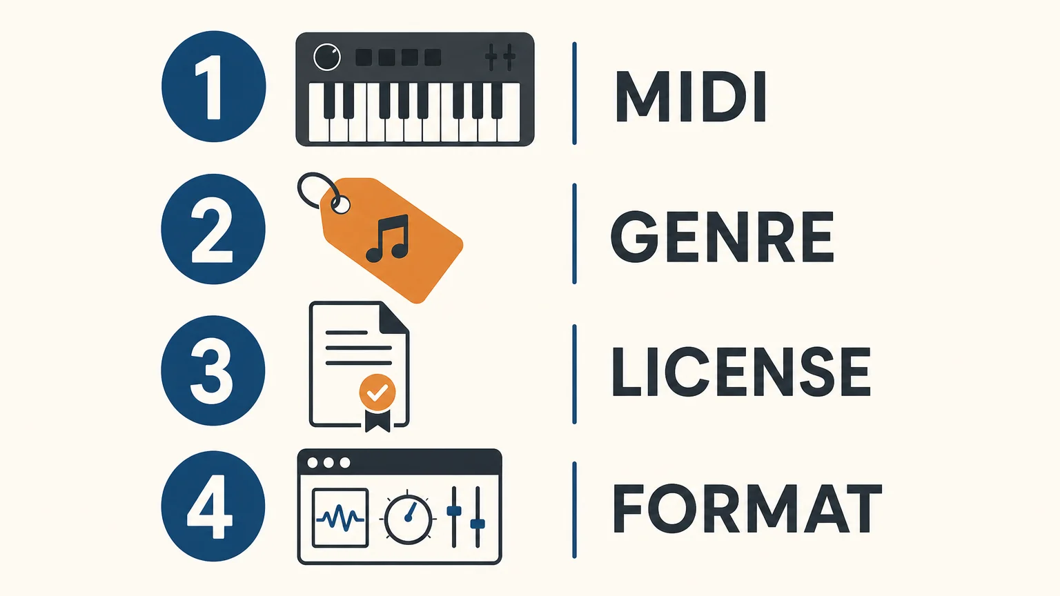 Checklist infographic covering MIDI workflow, genre, licensing, and plugin format.