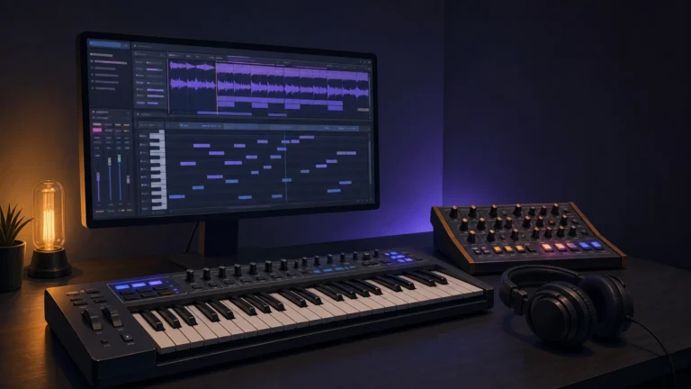 Producer choosing focused preset packs for a drill beat in a modern music studio