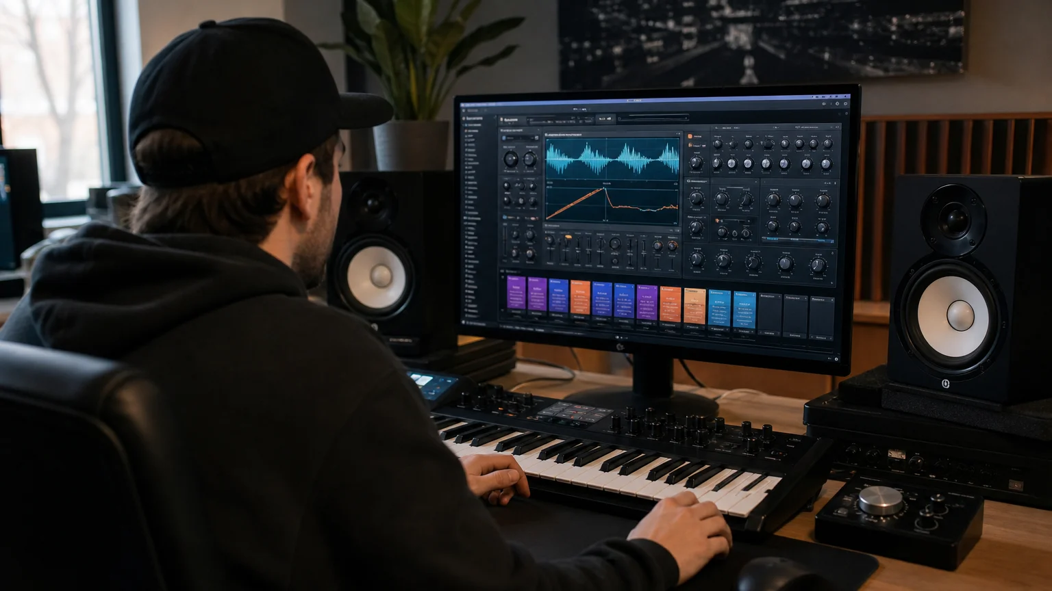 Producer shaping virtual instrument presets with a MIDI keyboard