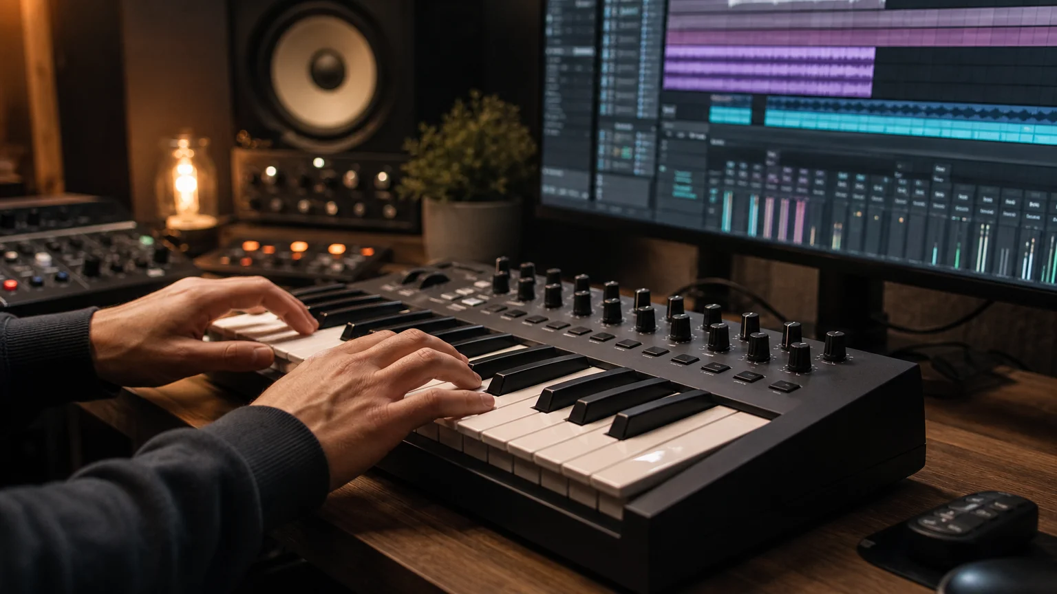 Producer playing a MIDI keyboard beside a digital audio workstation.