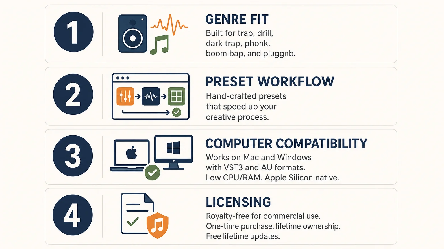 Checklist showing key criteria for choosing a VST sound bank.