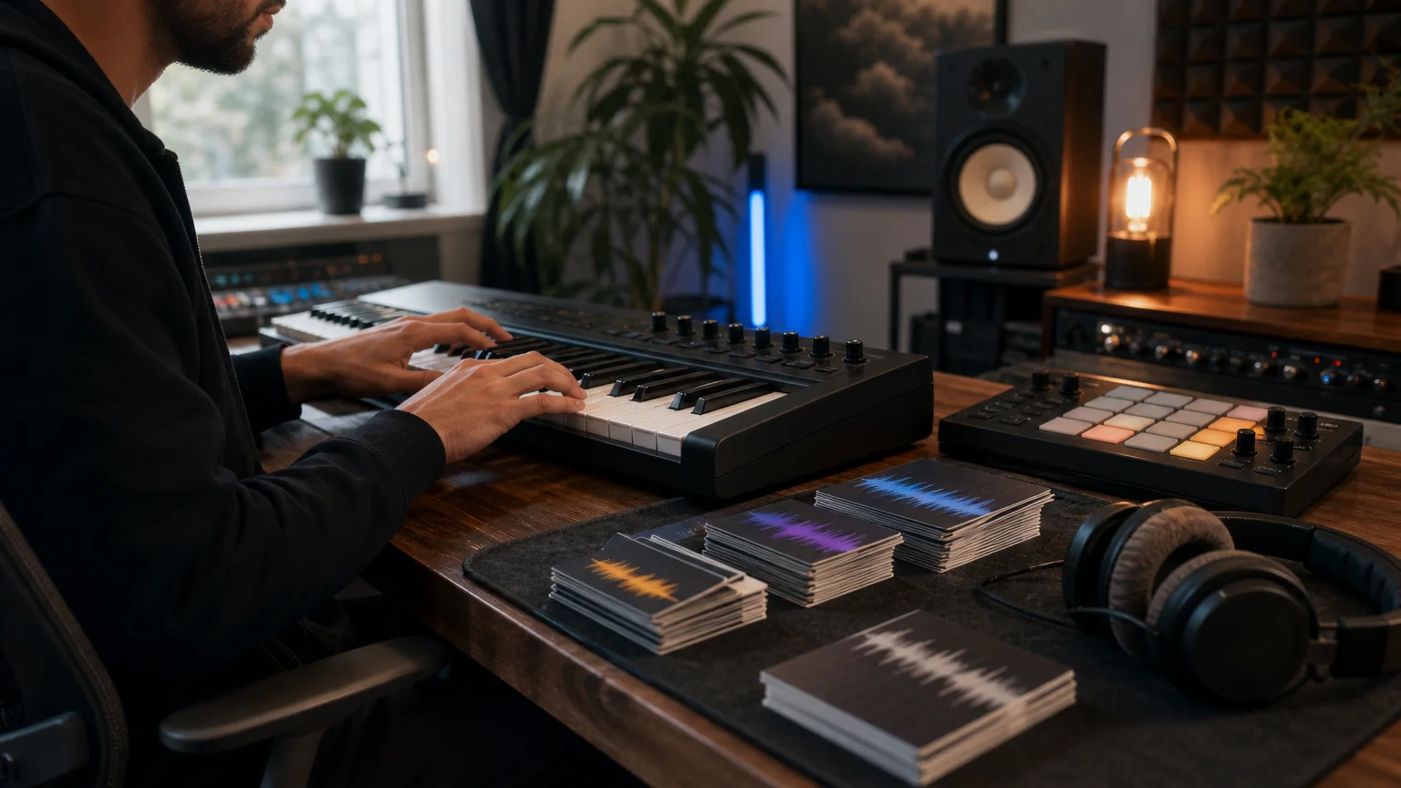 Producer playing MIDI while arranging audio production materials in a studio.