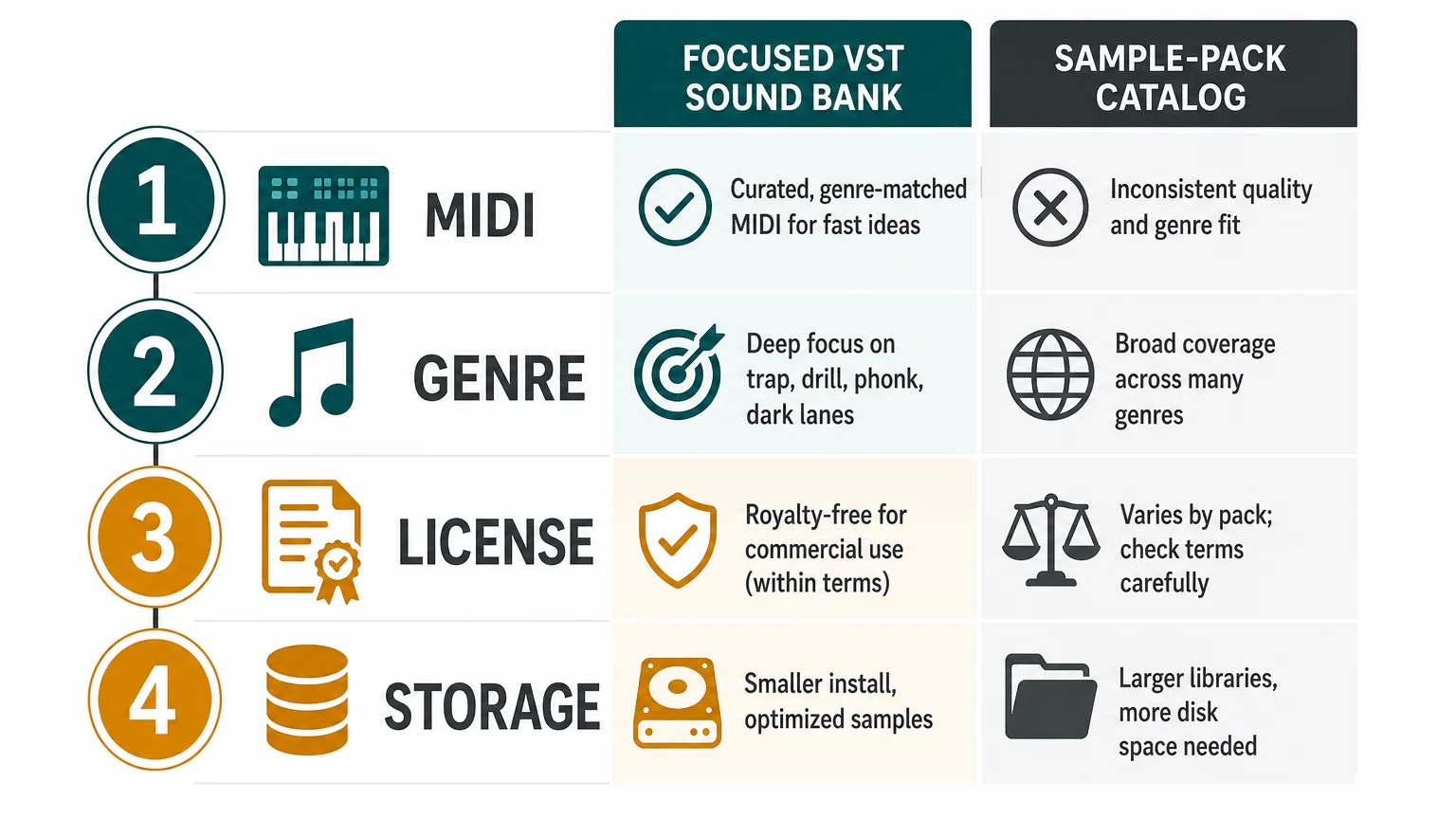 Four-step checklist for comparing MIDI workflow, genre fit, licensing, and storage.