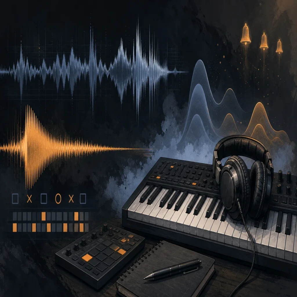 Professional editorial illustration of a drill beatmaking workspace with a MIDI keyboard, dark melodic waveforms, deep bass movement, and atmospheric sound design elements