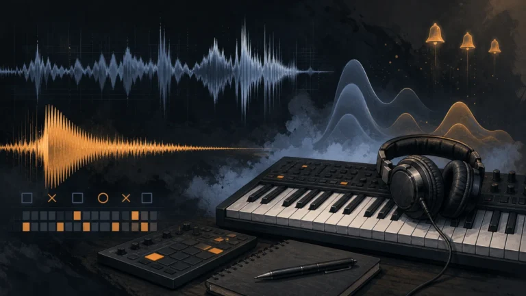 Professional editorial illustration of a drill beatmaking workspace with a MIDI keyboard, dark melodic waveforms, deep bass movement, and atmospheric sound design elements