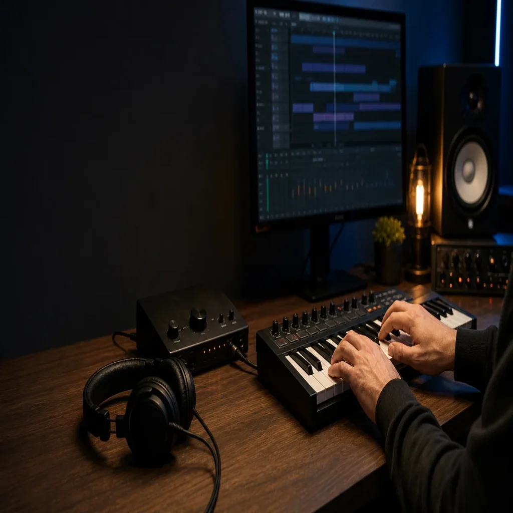 Producer working on a dark melodic beat with a MIDI keyboard in a professional home studio.