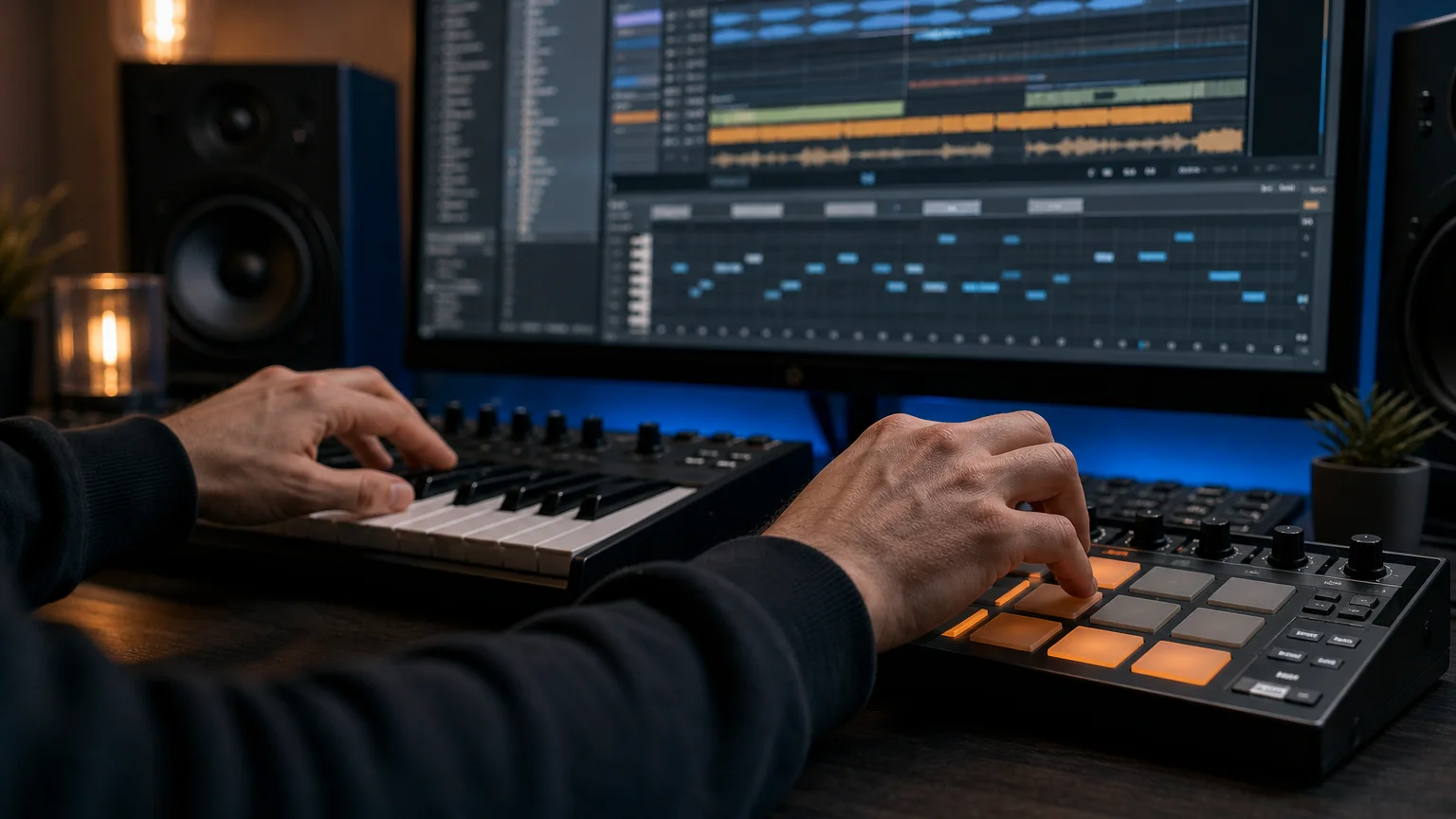 Close-up of a producer programming melodic and rhythmic parts for a drill beat.