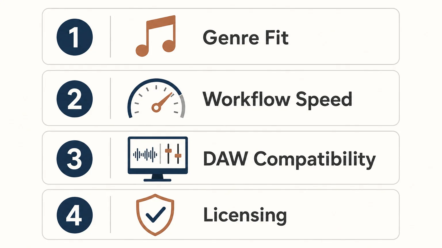 Checklist infographic for choosing a drill production plugin by genre fit, workflow, compatibility, and licensing.