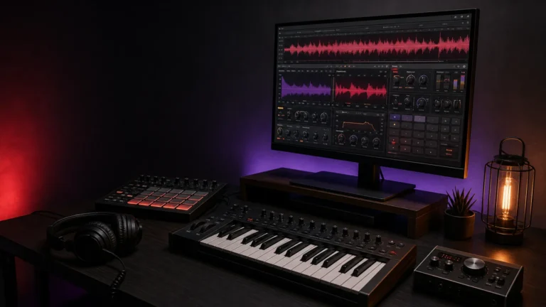 Professional studio workstation prepared for phonk beatmaking with synthesizer controls, drum pads, and a dark melodic production atmosphere