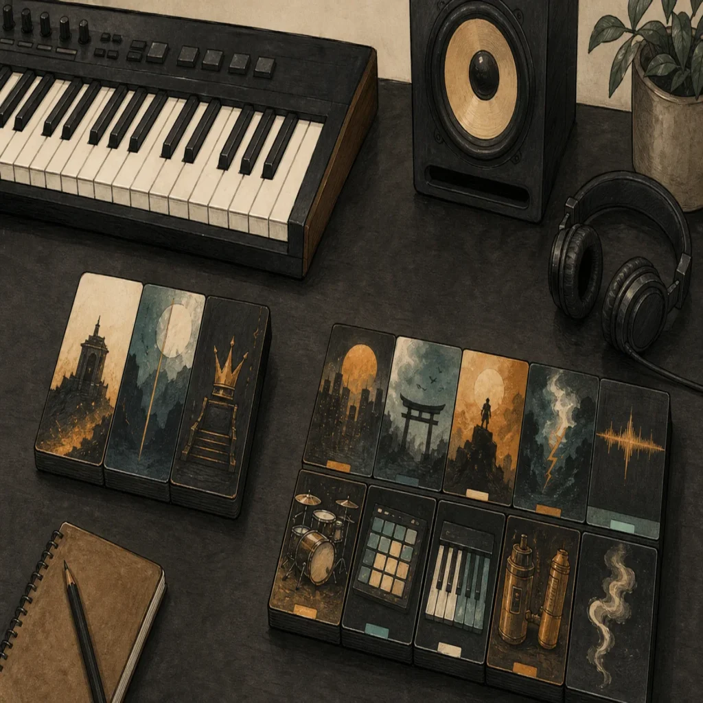 Editorial still life showing a compact and full sound bank concept for beatmaking