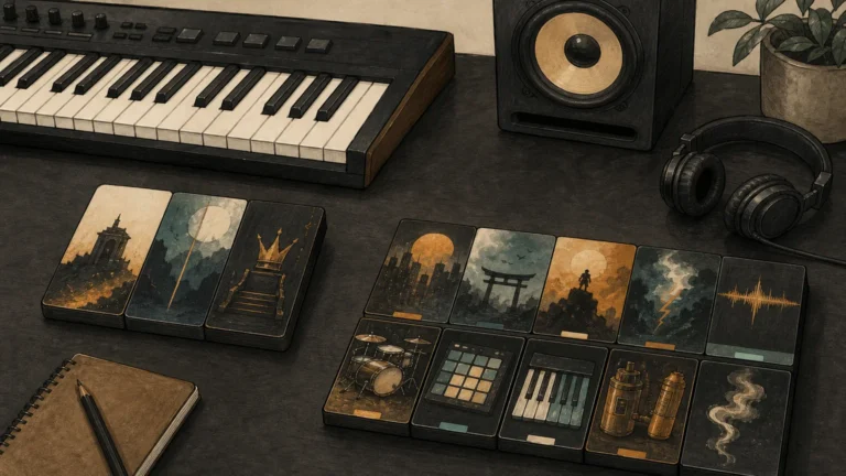 Editorial still life showing a compact and full sound bank concept for beatmaking