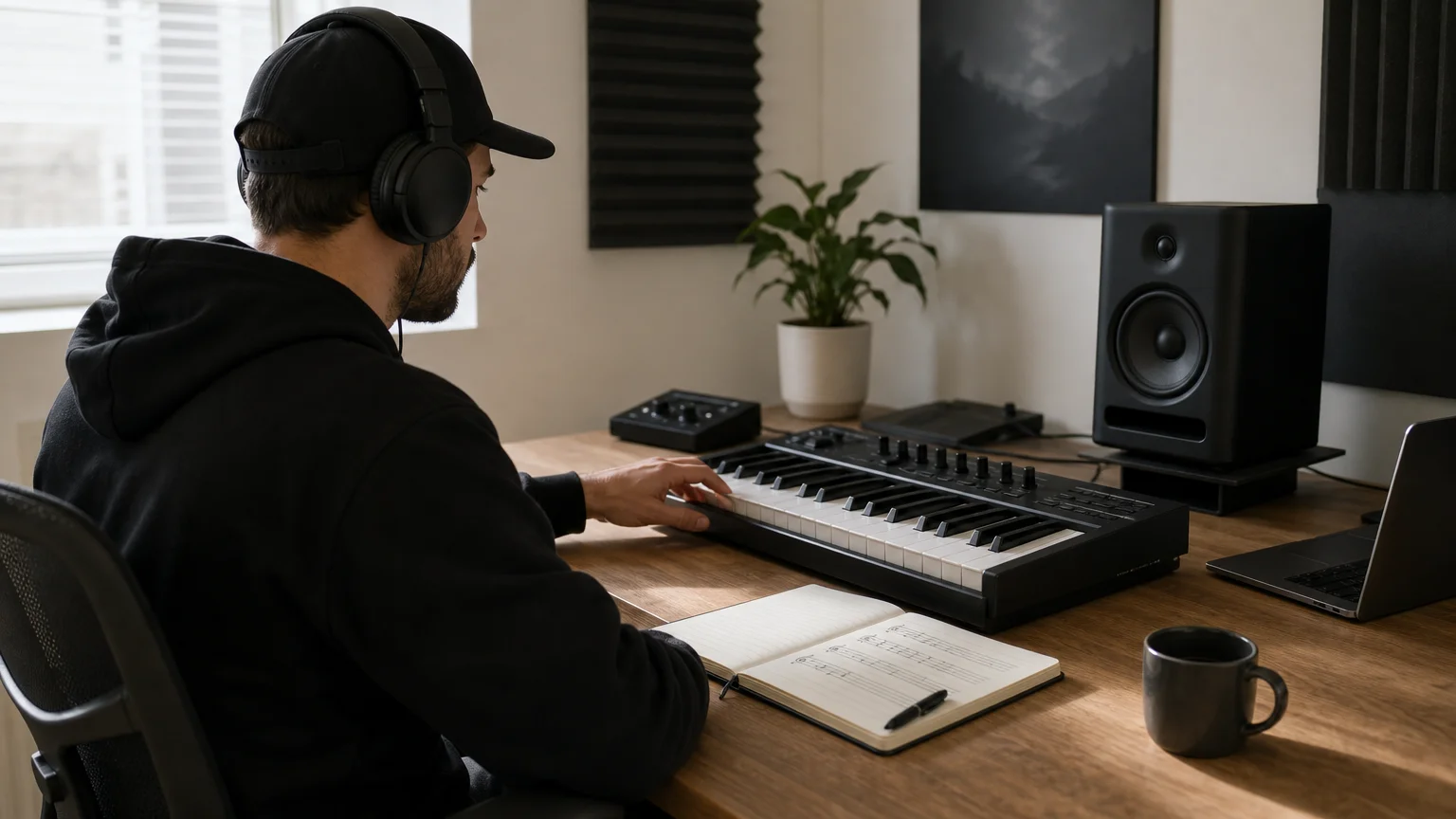 Producer auditioning a compact preset selection beside a MIDI keyboard