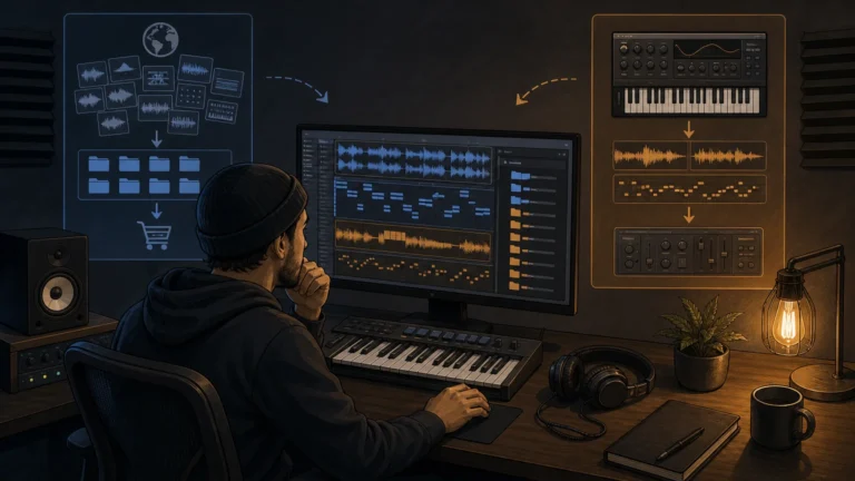 Professional editorial illustration of a music producer comparing sound libraries and VST instruments in a modern DAW workflow