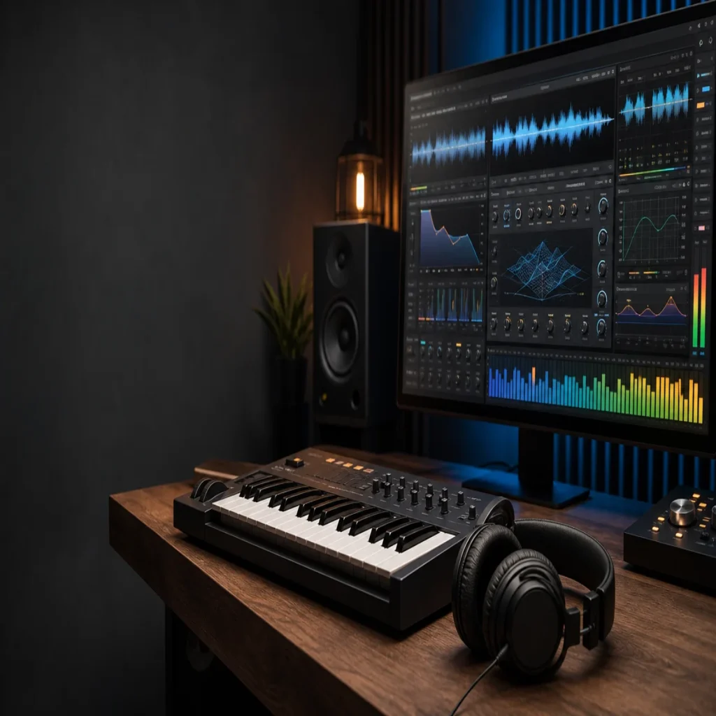 Professional music production workspace with a MIDI keyboard, studio headphones, monitor, and colorful audio plugin controls