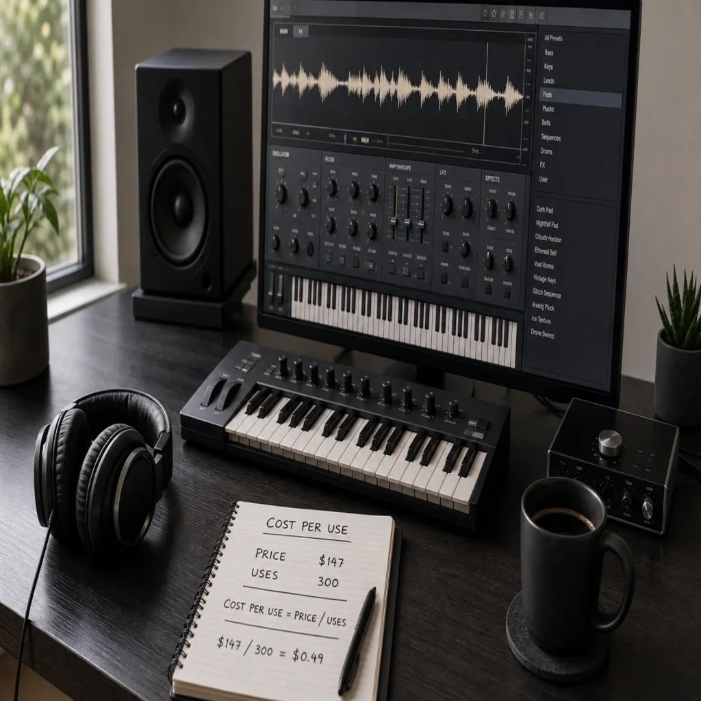 Music production desk with a notebook calculating the value of a sound pack.