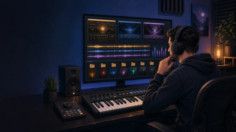 Professional music producer comparing virtual instruments and sample libraries in a modern home studio