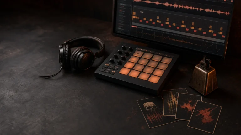 Professional music production workstation prepared for phonk drum programming