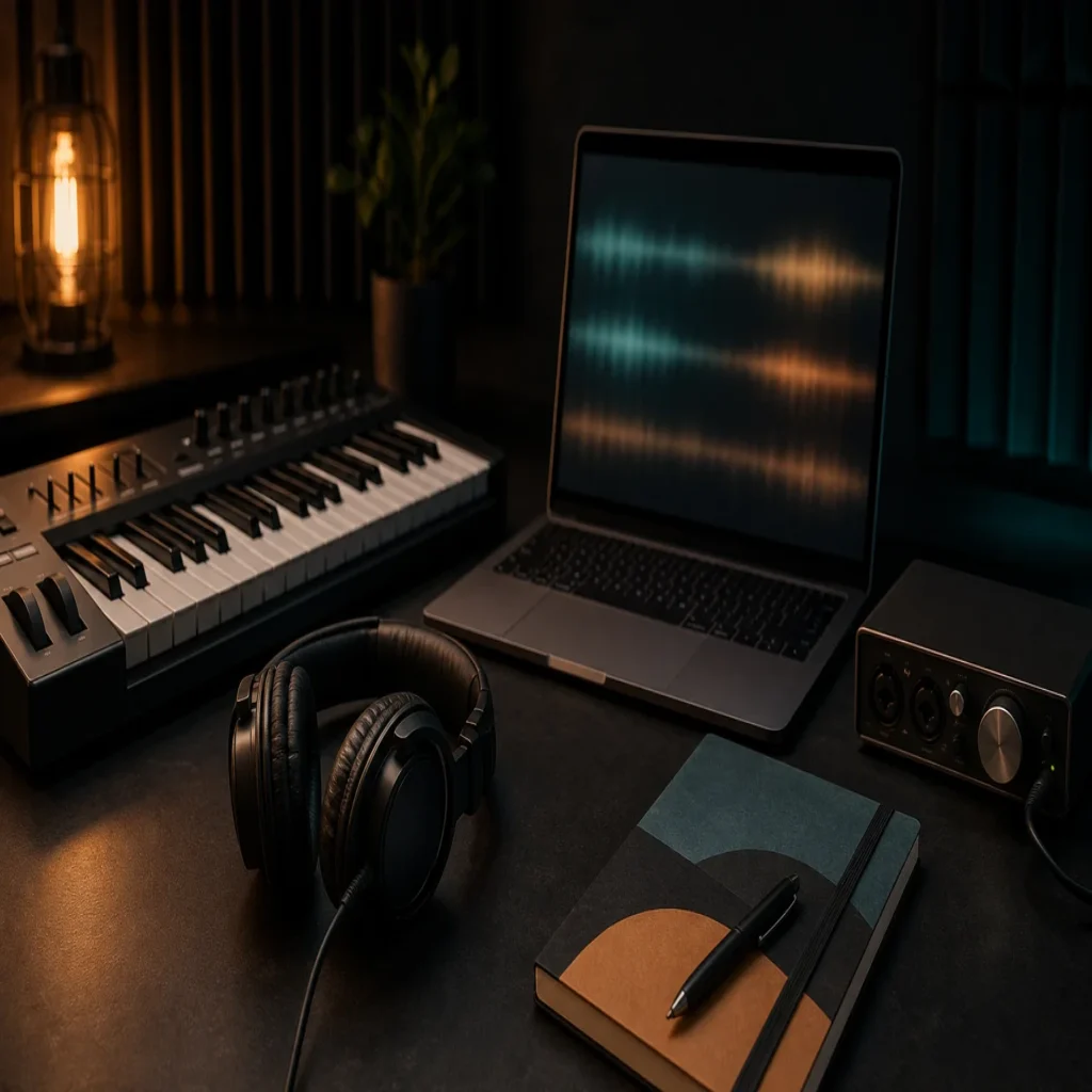 MIDI keyboard and studio equipment representing two music production workflows