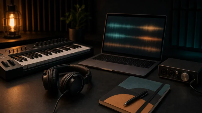 MIDI keyboard and studio equipment representing two music production workflows