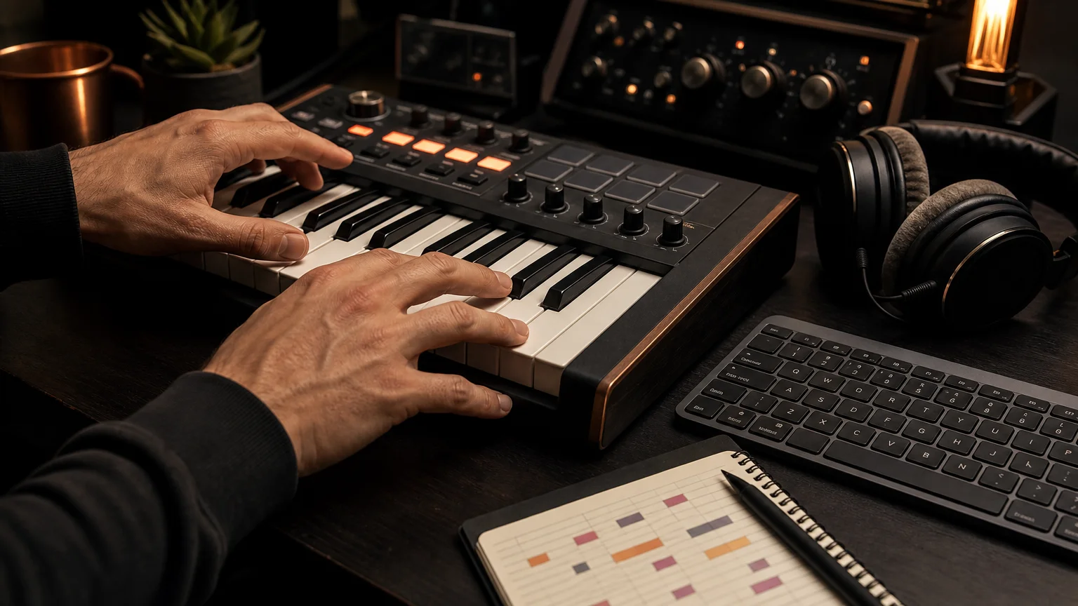 Producer playing a MIDI keyboard while starting a beat