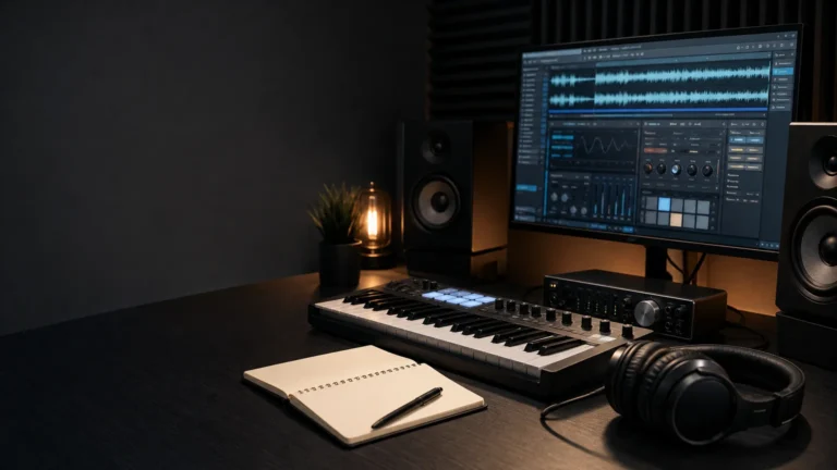 Compact music-production workstation with MIDI keyboard and headphones
