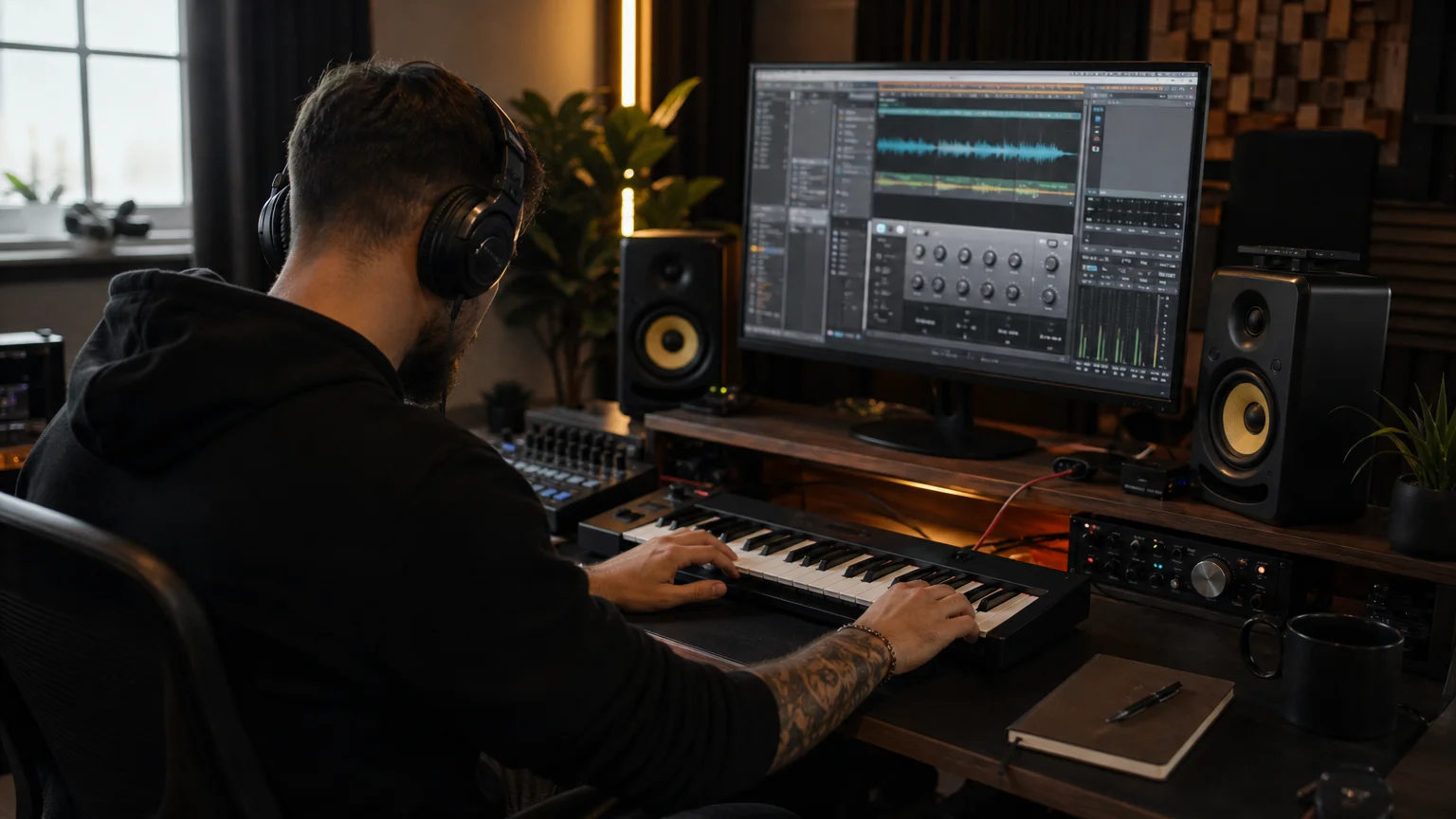 Producer working on a trap beat in a compact home studio