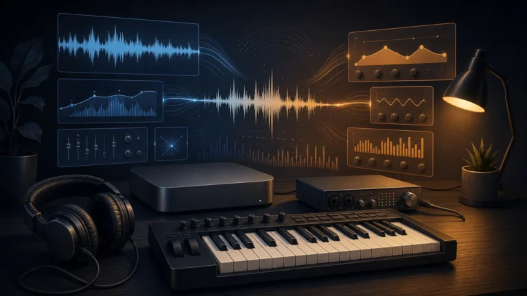 Editorial illustration of a modern Apple Silicon music production setup with plugin sound waves