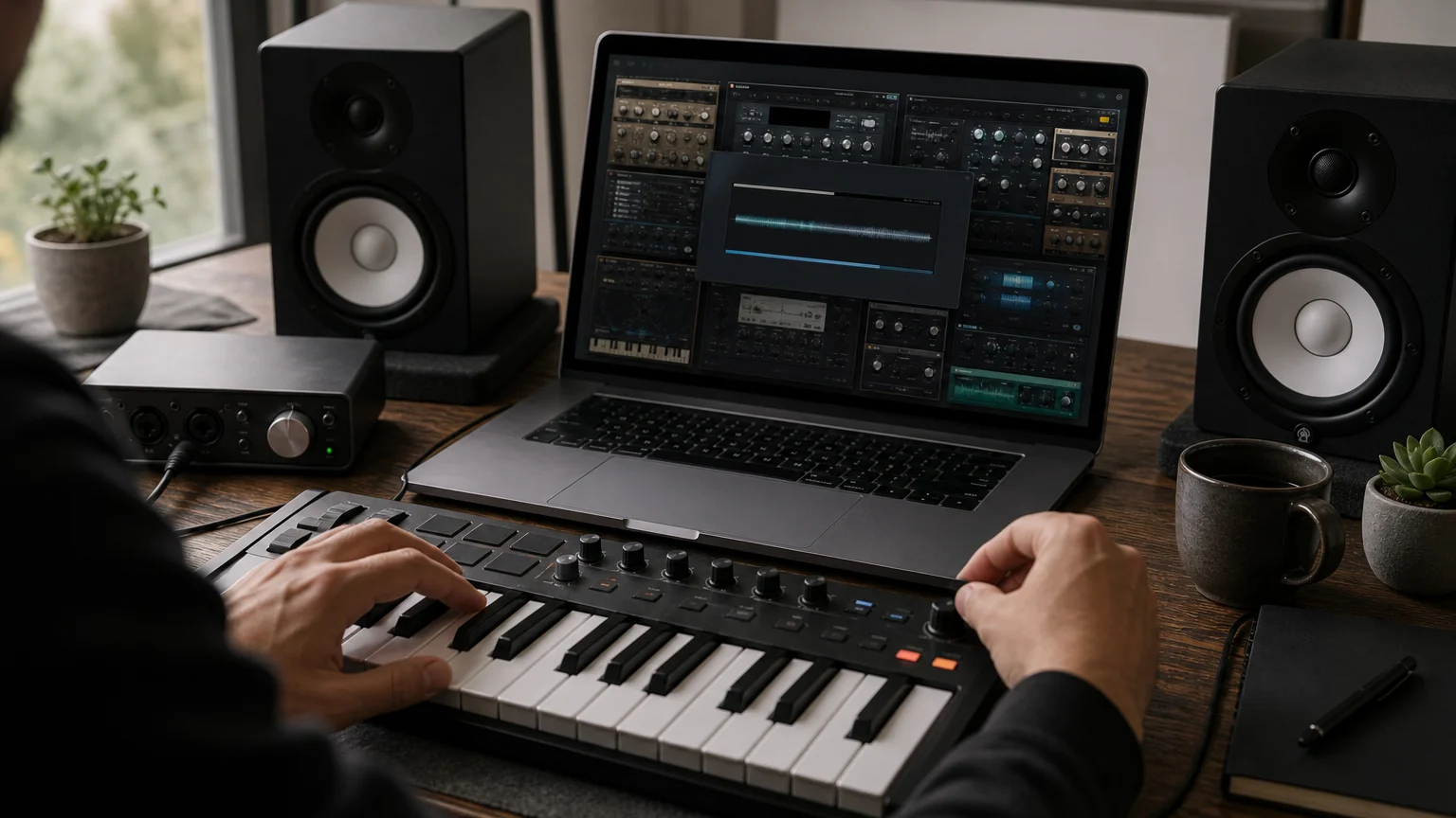 Producer testing audio plugins beside a laptop and MIDI keyboard in a studio