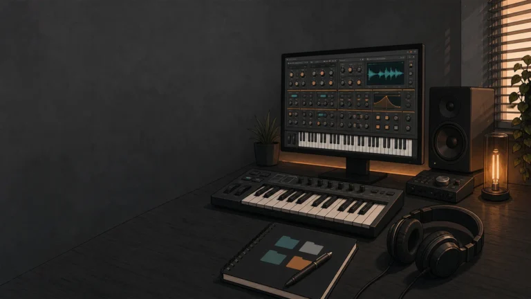 Home music studio workstation representing a large Synth1 preset library