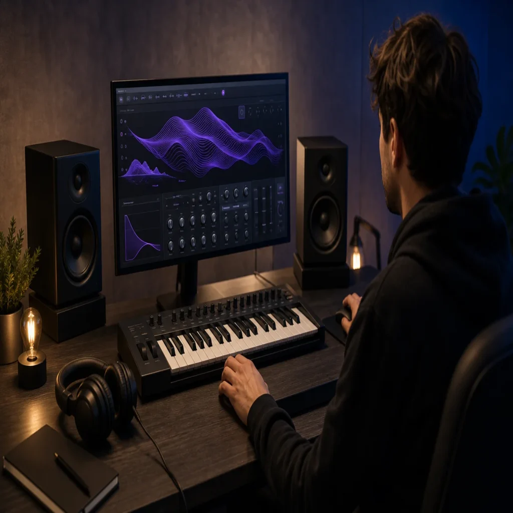 Producer working with a wavetable synthesizer and MIDI keyboard in a modern studio.