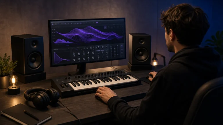 Producer working with a wavetable synthesizer and MIDI keyboard in a modern studio.