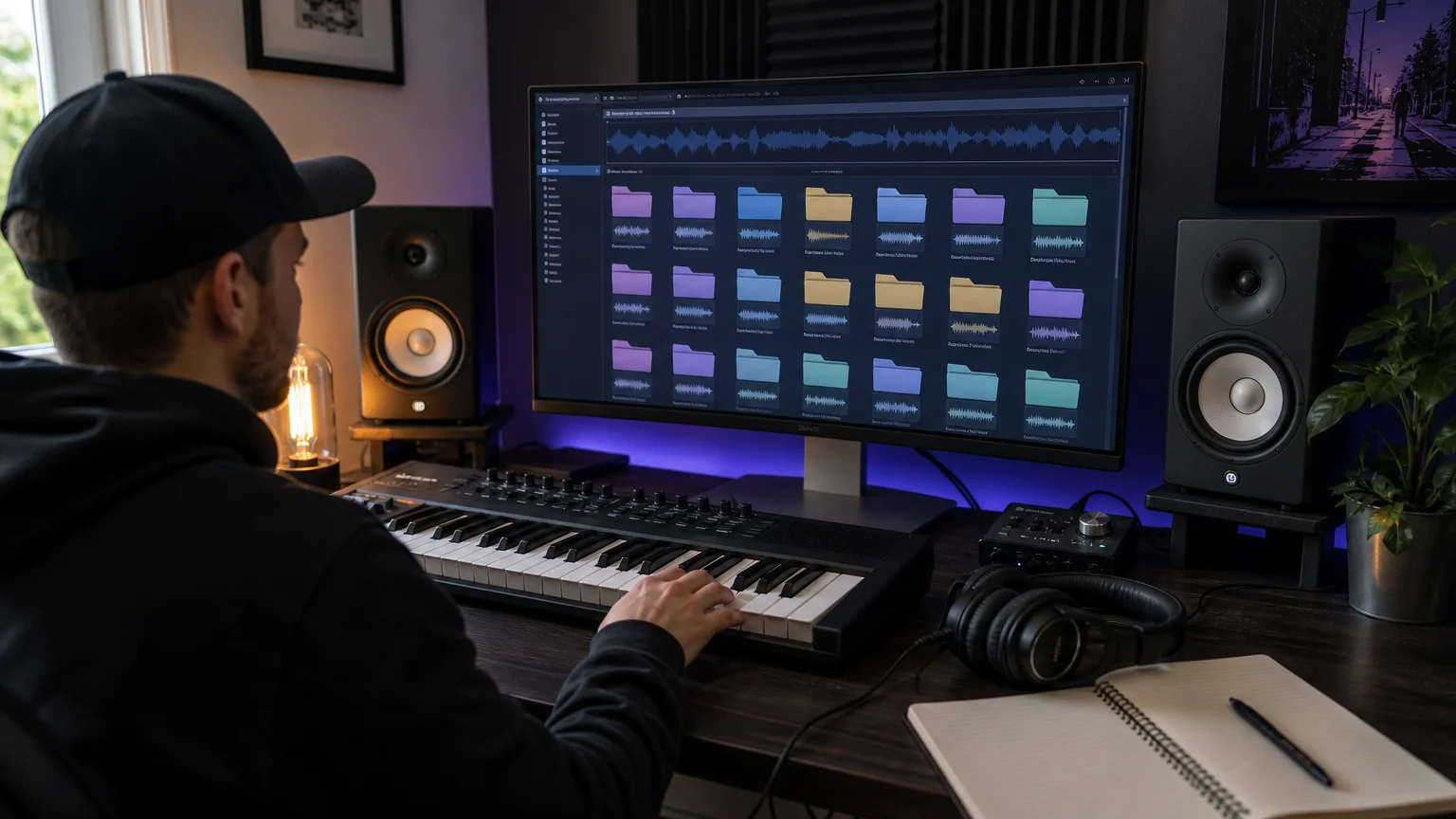Music production workspace with a synth preset browser and MIDI keyboard.