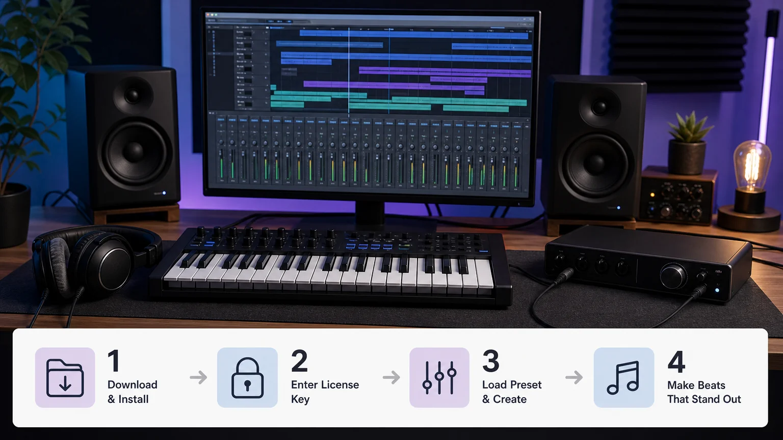 Home studio workstation prepared for synthesizer arrangement and mixing.