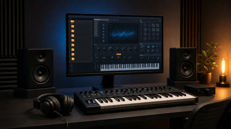 Music production workstation with a synthesizer interface and organized preset folders