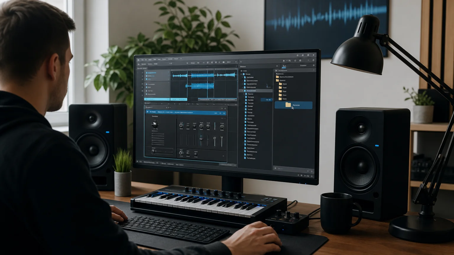 Computer workstation showing an organized synthesizer preset folder beside a MIDI keyboard
