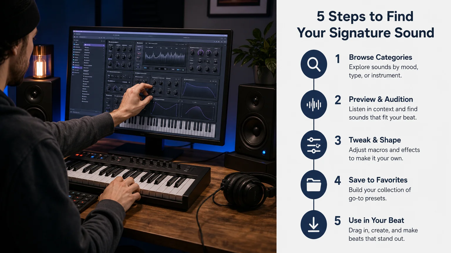 Producer selecting synthesizer sounds beside a MIDI keyboard in a home studio