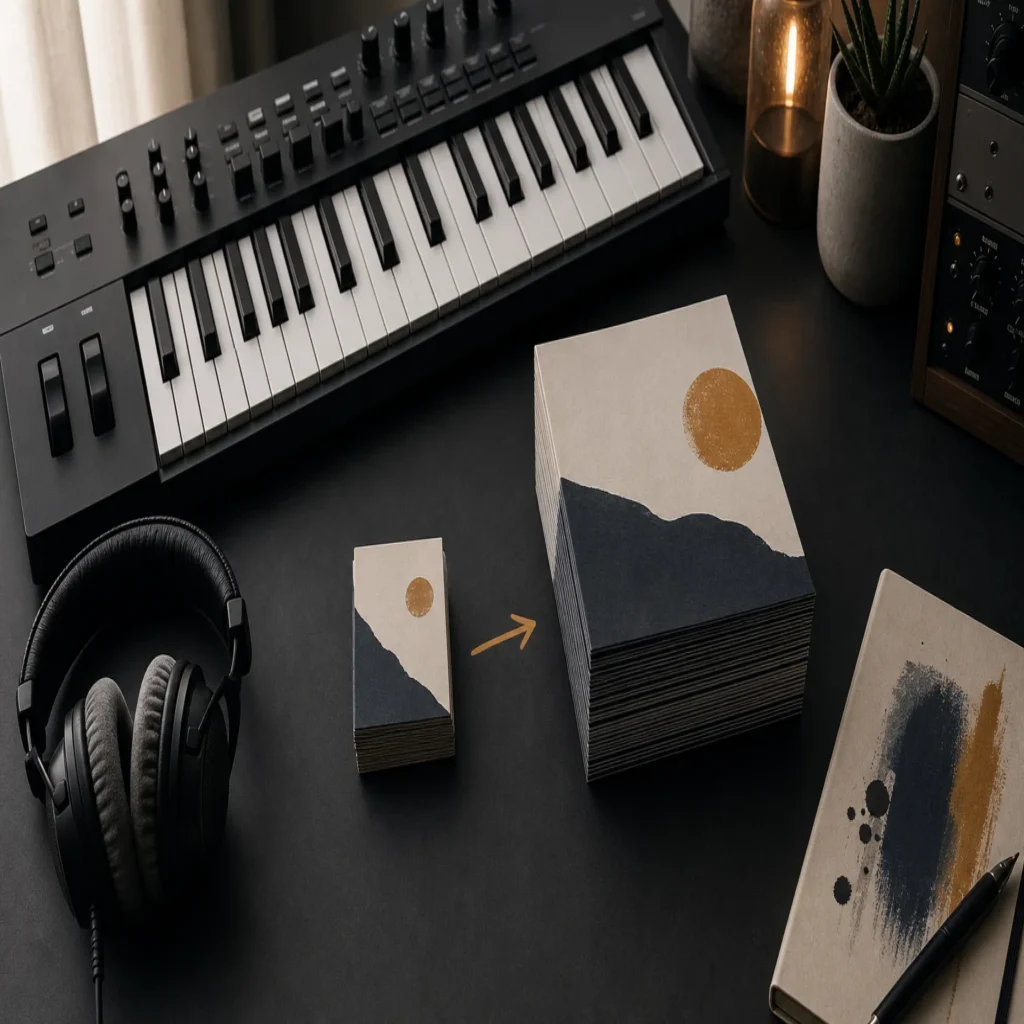 MIDI keyboard, headphones, and organized compact and full sound-bank materials on a studio desk